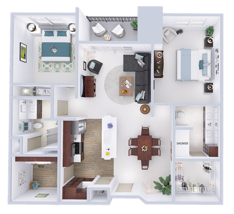 a 3d floor plan of a house with furniture and a living room